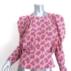 Isabel Marant Zarga Puff Sleeve Blouse Fuchsia Printed Stretch Silk Size 38 NEW